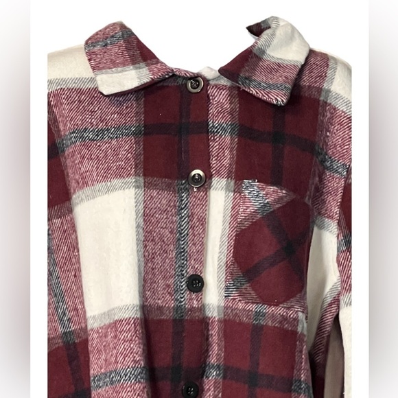 Burgundy Black Gray Cream Plaid Button-Up Shacket - Picture 8 of 9